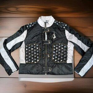 Vintage Baby Phat Bomber Puffer Jacket XL Y2K White Black Striped Spell Out Logo